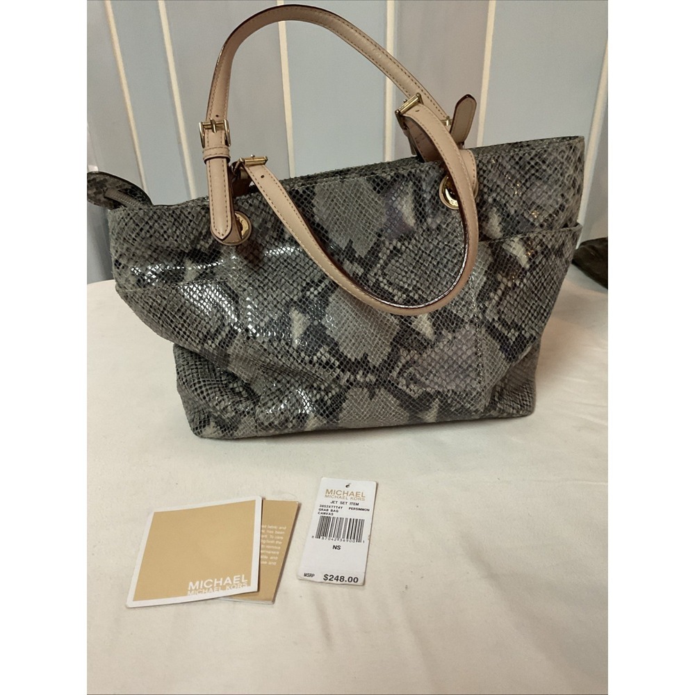 Michael Kors Python Tote Jet Set Tan Leather Shoulder Handbag MK Charm Logo - Picture 2 of 16